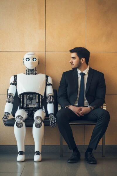 A man sits next to a robot, discussing the future of AI in security.