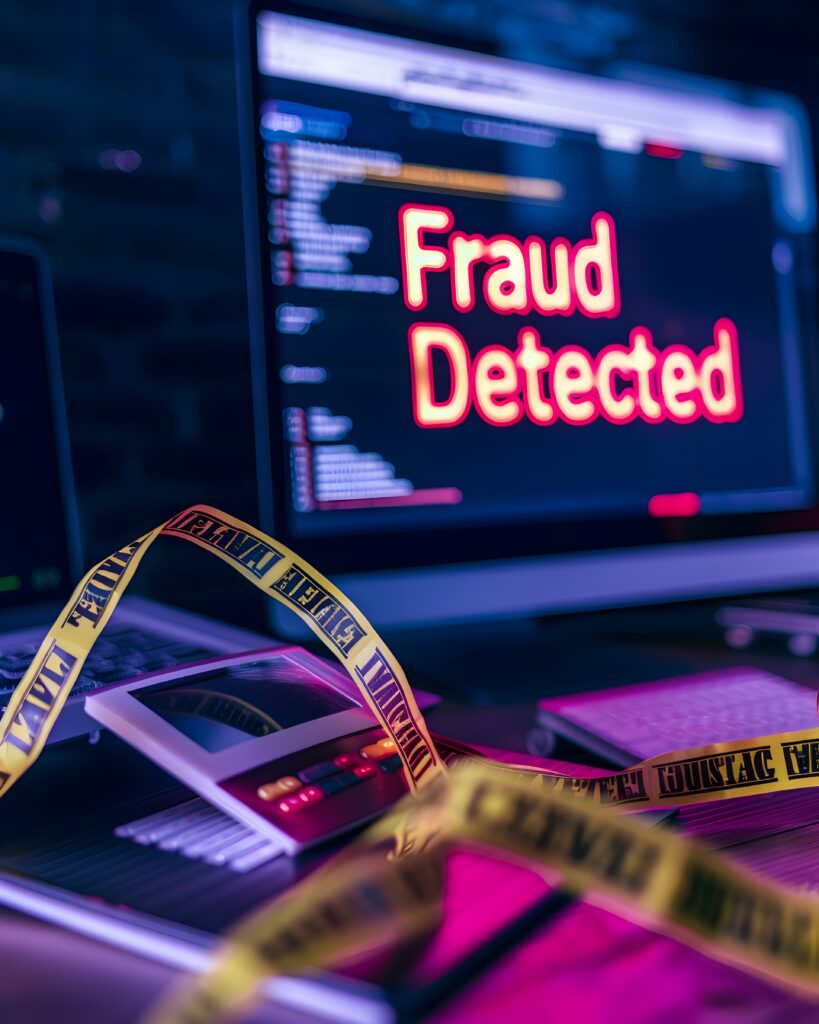 Computer screen displaying "Fraud Detected" in bold text, surrounded by caution tape and a calculator, on a dimly lit desk.