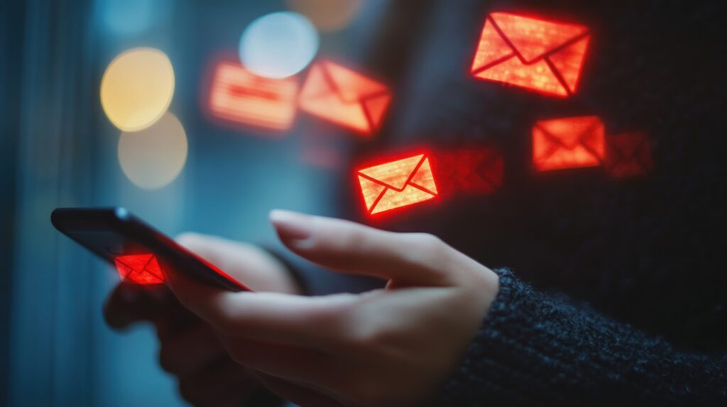 Person holding a smartphone with illuminated red envelope icons floating around, symbolizing incoming messages or emails.