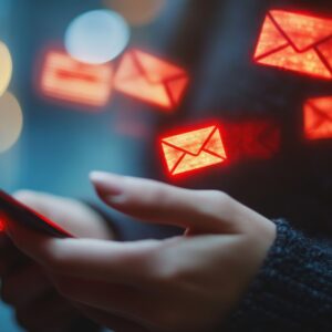 Person holding a smartphone with illuminated red envelope icons floating around, symbolizing incoming messages or emails.