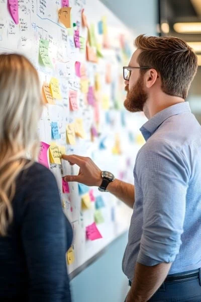 Two people stand in front of a whiteboard covered with colorful sticky notes, discussing or planning tasks in an office setting.
