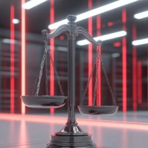 A metallic balance scale sits on a smooth surface in a modern room with red vertical lights and reflective surfaces in the background.