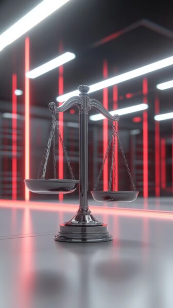 A metallic balance scale sits on a smooth surface in a modern room with red vertical lights and reflective surfaces in the background.