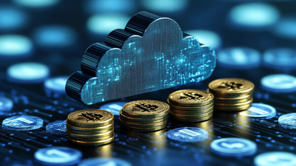A digital cloud icon and stacks of Bitcoin coins are displayed on a circuit-patterned surface, symbolizing cloud computing and cryptocurrency technology.