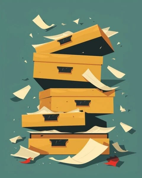 Four yellow file drawers stacked with papers spilling out and flying around against a green background.