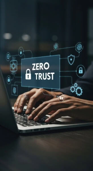 Hands typing on a laptop with digital graphics displaying the term "Zero Trust" and various cybersecurity icons.