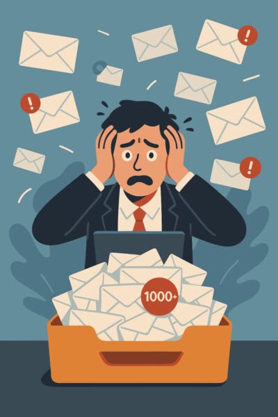 Illustration of a stressed man at a desk overwhelmed by a large pile of emails, with envelopes and notification symbols indicating over 1000 unread messages.