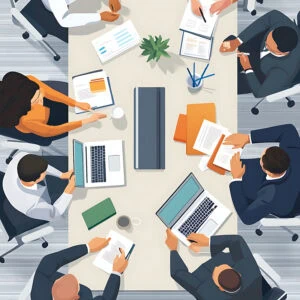 Eight business professionals sit around a conference table with laptops, documents, and coffee, engaged in a meeting.