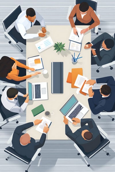Eight business professionals sit around a conference table with laptops, documents, and coffee, engaged in a meeting.
