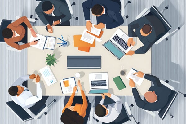 Eight people sit around a rectangular conference table with laptops, documents, and coffee, engaged in a business meeting.