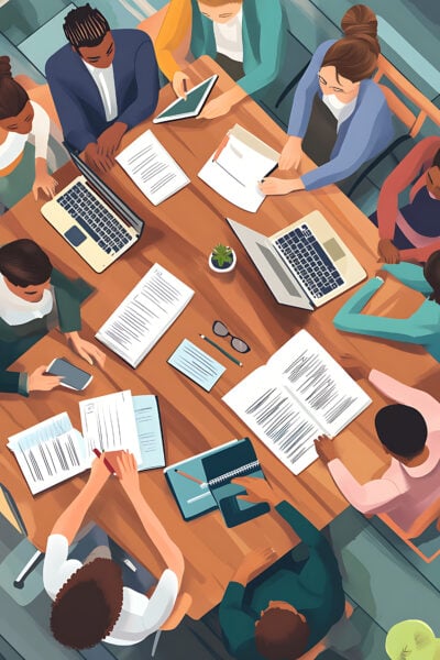 A group of people sit around a table covered with laptops, documents, notebooks, and pens, working and collaborating together.