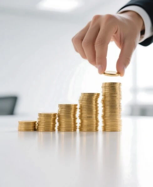 A hand places a coin on the tallest of five ascending stacks of gold coins on a white table, symbolizing technology planning in a modern boardroom.