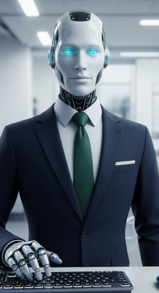 A humanoid robot in a suit and tie stands behind a keyboard in a modern office setting, suggesting a futuristic workplace scenario.