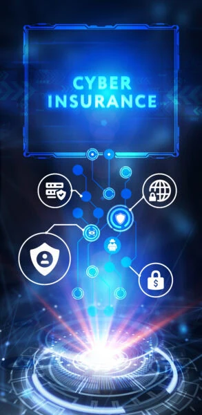Futuristic digital graphic displaying "Cyber Insurance" with icons for security, data protection, cyber insurance SMB coverage, money, user, and internet, set against a blue technological background.