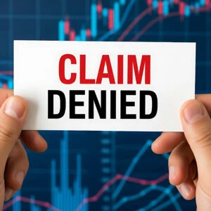 A person holds a card with the words "CLAIM DENIED" in front of a blurred financial chart background.