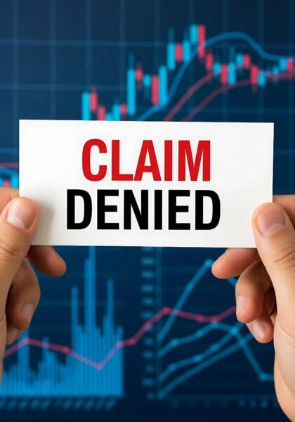 A person holds a card with the words "CLAIM DENIED" in front of a blurred financial chart background.