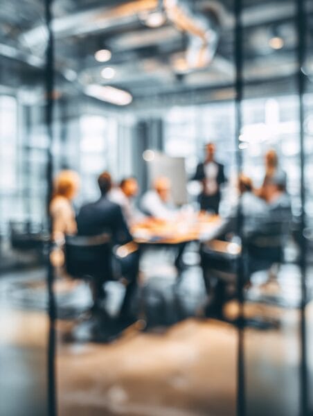 A group of people in business attire sit around a conference table in a modern office, engaged in a meeting. The photo is intentionally blurred.