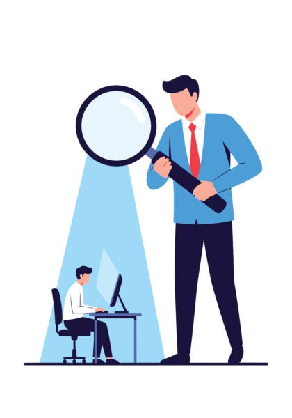 Illustration of a large man in a suit holding a magnifying glass over a smaller man working at a desk with a computer.