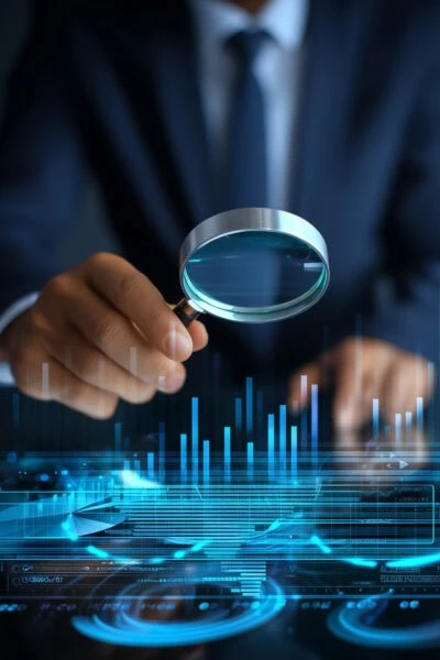 A person in a suit holds a magnifying glass over digital graphs and data charts, suggesting analysis or data investigation.