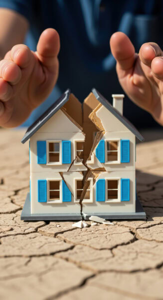 A model house with a large crack down the middle sits on dry, cracked ground, with two hands on either side as if trying to protect it.