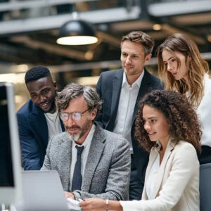 Five business professionals gather around a desk, looking at a computer screen in a modern office setting.