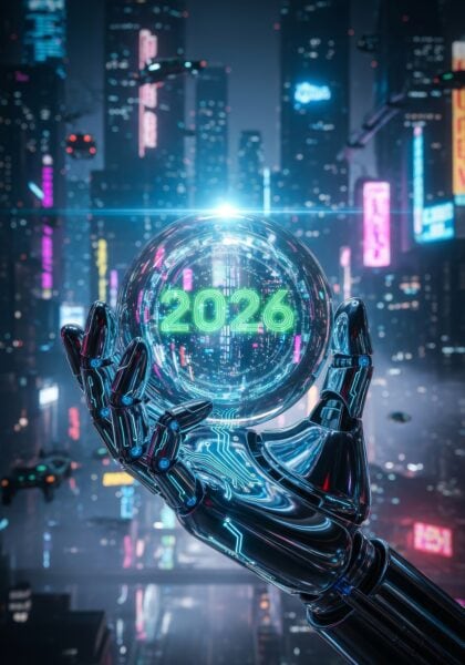 A robotic hand holds a glowing crystal ball displaying "2026" against a futuristic cityscape with neon lights and tall buildings at night.