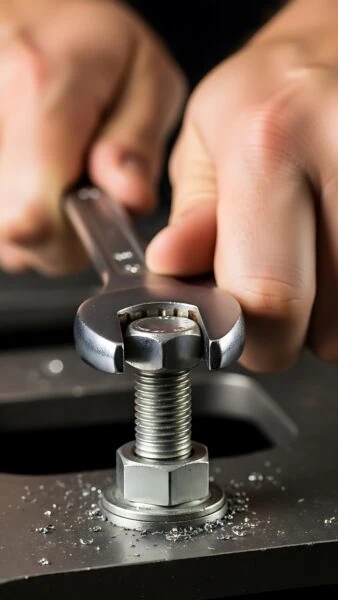 Close-up of hands using an adjustable wrench to tighten a metal bolt and nut, with metal shavings visible on the surface below—capturing a moment of hands-on work that is essential behind the scenes in technology planning for a server room.