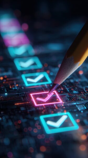 A pencil marks a glowing check box on a digital interface with multiple checkboxes, symbolizing selection or completion in a high-tech environment.