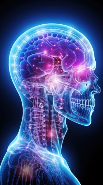 A side view illustration of a human head and neck with visible skull, brain, and glowing neural pathways, highlighting brain activity.
