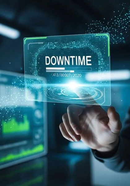 A person interacts with a virtual screen displaying the word "Downtime" and a digital date, in a technology-focused environment.