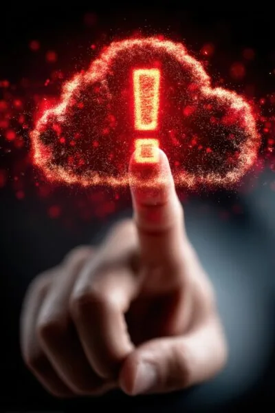 A hand points at a glowing red cloud icon with an exclamation mark, representing a digital alert or warning.