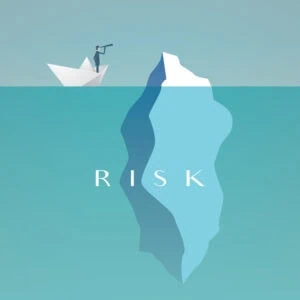 A person stands on a paper boat looking through a telescope at an iceberg, with the word "RISK" below the waterline.