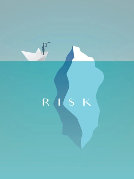 A person stands on a paper boat looking through a telescope at an iceberg, with the word "RISK" below the waterline.