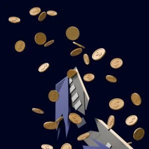 Illustration of coins falling from a broken piggy bank against a dark background.