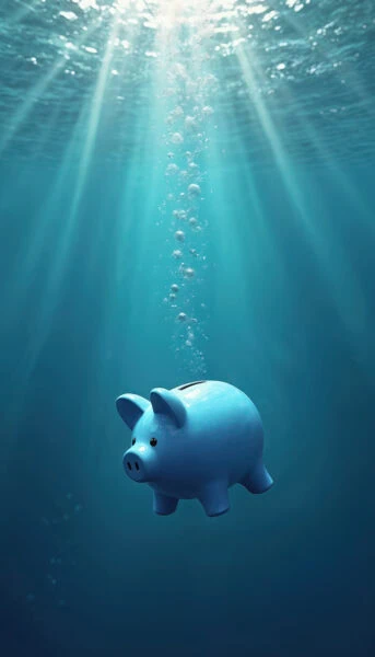 A blue piggy bank is submerged underwater with bubbles rising and sunlight streaming down from above.