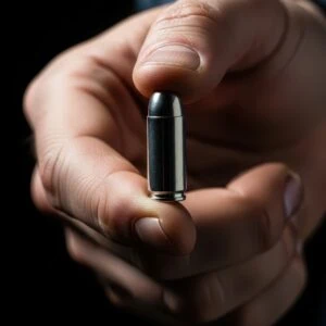 A person holding a single bullet between their thumb and index finger against a dark background.