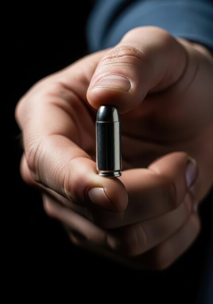 A person holding a single bullet between their thumb and index finger against a dark background.