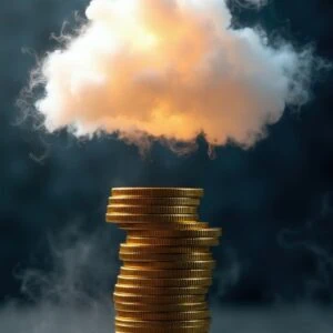 A stack of gold coins with a glowing cloud hovering above, set against a dark, smoky background.