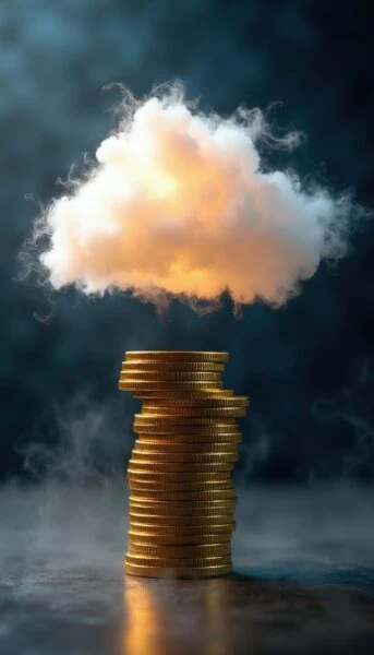 A stack of gold coins with a glowing cloud hovering above, set against a dark, smoky background.