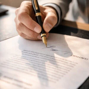 A person holding a fountain pen signs a printed document on a desk.