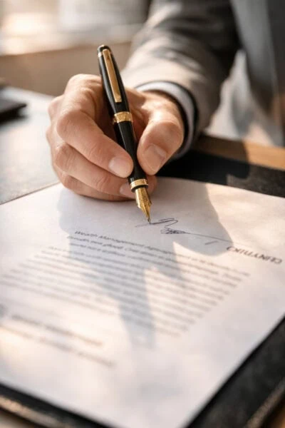A person holding a fountain pen signs a printed document on a desk.
