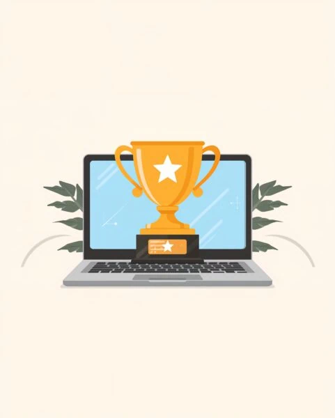 A gold trophy with a star on it is displayed in front of a laptop screen, with green leaves in the background.