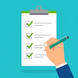 Illustration of a hand holding a pen and checking off items on a clipboard checklist with green check marks, set against a blue background.