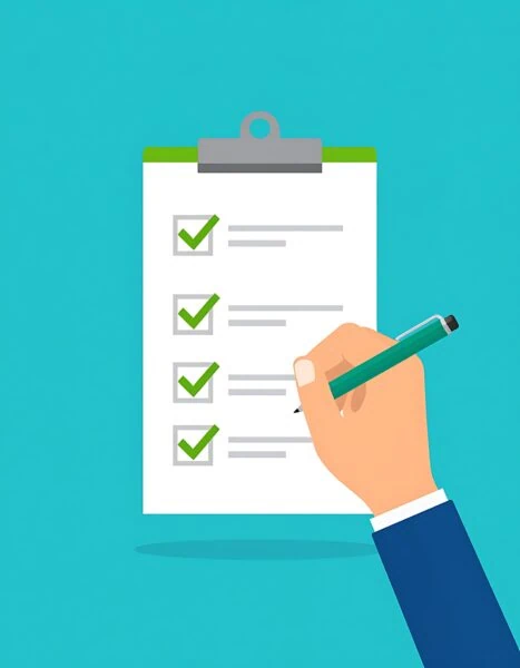 Illustration of a hand holding a pen and checking off items on a clipboard checklist with green check marks, set against a blue background.