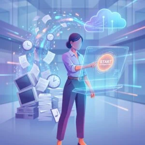 A woman uses a large transparent digital interface labeled "Start Automation," with floating clocks, documents, cloud, and old computers symbolizing workflow automation.