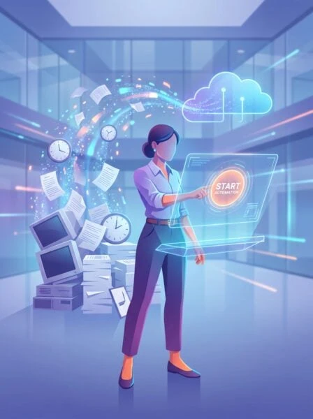 A woman uses a large transparent digital interface labeled "Start Automation," with floating clocks, documents, cloud, and old computers symbolizing workflow automation.