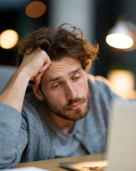 A man with curly hair and a beard rests his head on his hand, looking tired and staring at a laptop screen.