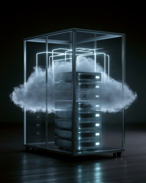 A glass server rack emits a glowing cloud inside, symbolizing cloud computing, in a dark room.