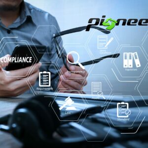 A man sitting at a desk looking at his phone with a graphic overlayed representing IT compliance.