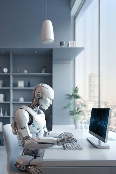 A humanoid robot sits at a desk typing on a keyboard, symbolizing the future of IT, in a modern office with shelves and a large window overlooking a city.